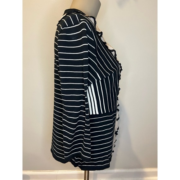 CAbi black and cream striped cardigan with ruffle Sz Medium 100% cotton - Picture 2 of 6